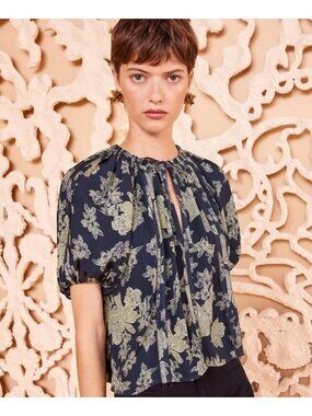 Ulla Johnson Marcelena Floral Tie Neck Puff Sleeve Boxy Fit Top Blouse Minuit 12